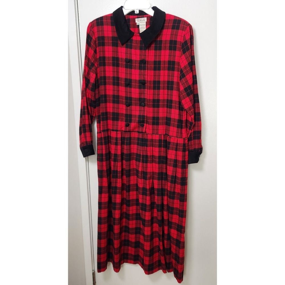 Talbots Red Black Buffalo Plaid Midi Dress 14 Double Breast Top Corduroy Cotton